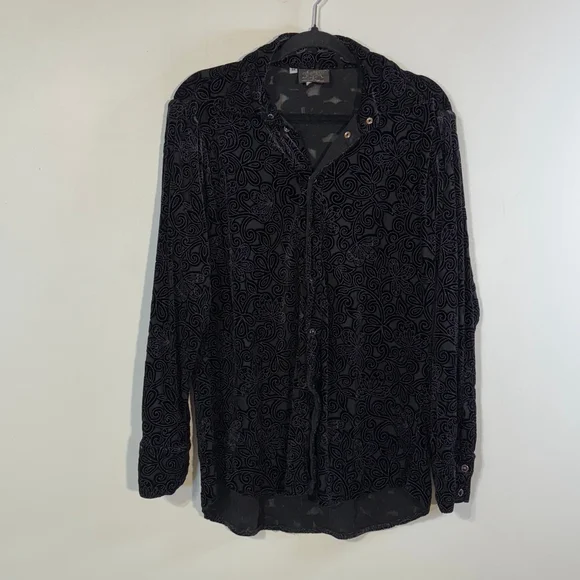 Vintage Shrine Of Hollywood Black Velvet Floral Button Down Shirt Men’s Medium - Picture 3 of 14